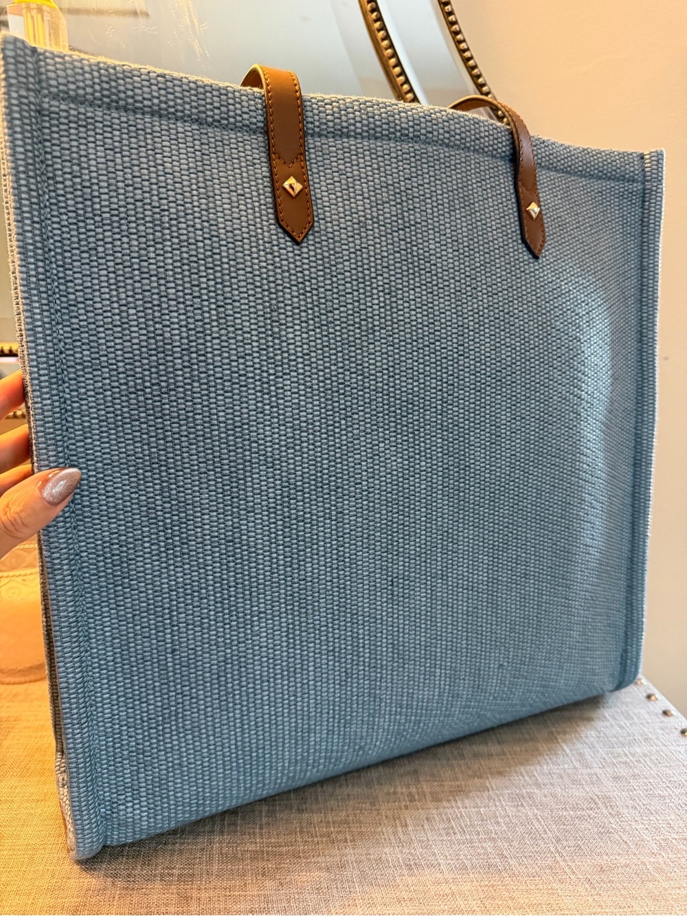 Jimmy Choo NIP London Rhea Blue Raffia Tote Brown Leather Handles $795 MSRP COA - Picture 6 of 15